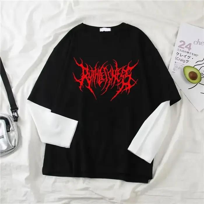 Punk štýl tmavý potlačený okrúhly výstrih Y2K športové Harajuku tričko pre ženy dlhý rukáv voľné
