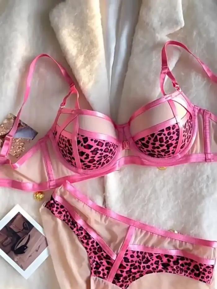 Ensemble de Lingerie léopard Sexy, ceinture fine creuse rassemblée pour collecter les seins, soutien-gorge sur le bas fin, ensemble de soutien-gorge avec anneau en acier doux et épais