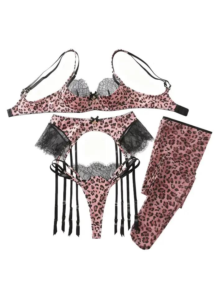 Ensemble de lingerie léopard Belamimi avec jarretelles et soutien-gorge, lingerie sexy en dentelle pour femme, tenue exotique sans censure