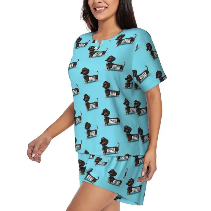 Ensemble pyjama teckel personnalisé pour femmes, 2 pièces, imprimé saucisse, blaireau, Wiener, chien, manches courtes, vêtements de nuit, vêtements de détente