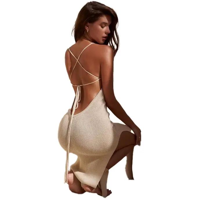 Robe de plage d'été, fente haute, couleur unie, robe de vacances, Sexy, tricot, dos nu, col licou, élégante, sans manches, moulante, à nouer