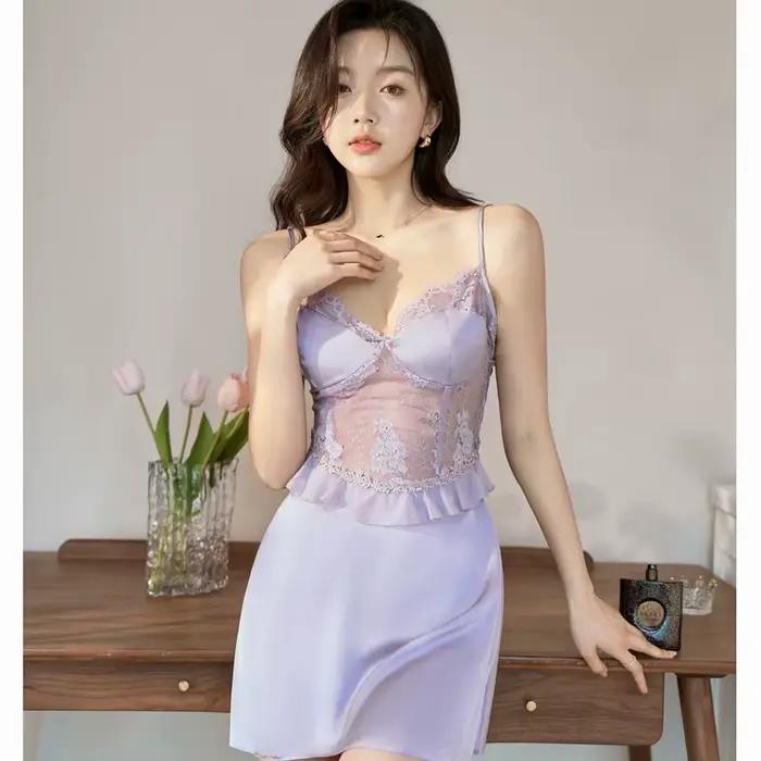 Chemise de nuit en dentelle rose pour femmes, Sexy, à bretelles, vêtements de nuit, robe de chambre, été, Satin soyeux, peignoir, vêtements de détente