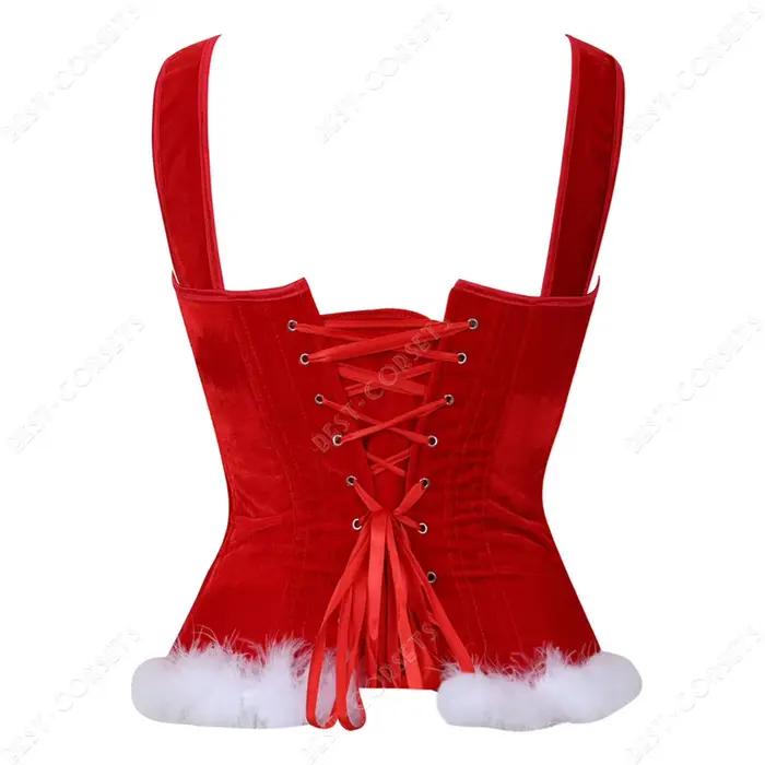 Hauts Corset rouge pour femmes, Corset de noël avec plumes, Costume de père noël, surbuste Sexy de carnaval avec bretelles