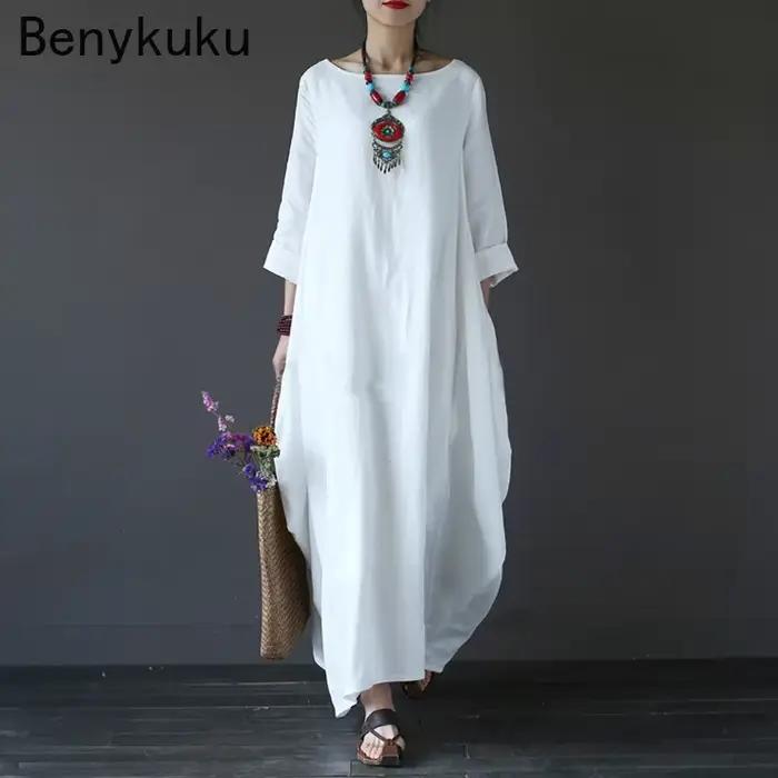 Vintage dlhé maxi šaty pre ženy s dlhými rukávmi veľká veľkosť kaftan voľný bavlnený ľanový casual 2025