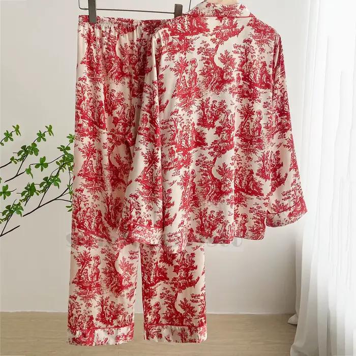 Mode imprimé fleur 2 pièces Pyjamas ensemble femmes vêtements de nuit printemps été pantalon costumes salon porter ample Satin Homewear Pijamas costume