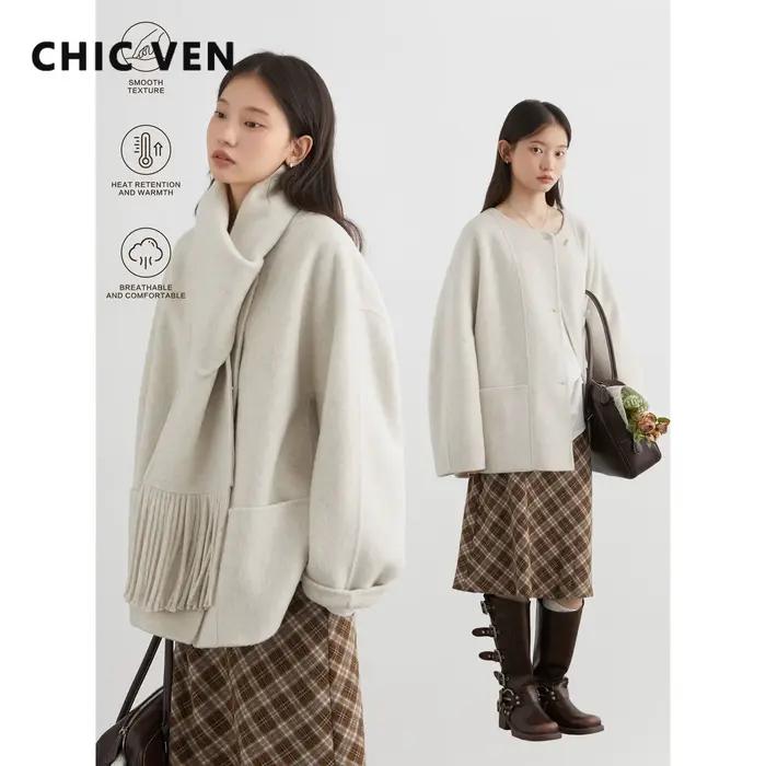 Lâche en laine et polyester Chic Ven pour femmes, style bureau-dame, automne-hiver, col rond, boutonnage simple, pompons装饰去掉最后的装饰部分,并确保HTML格式正确。
