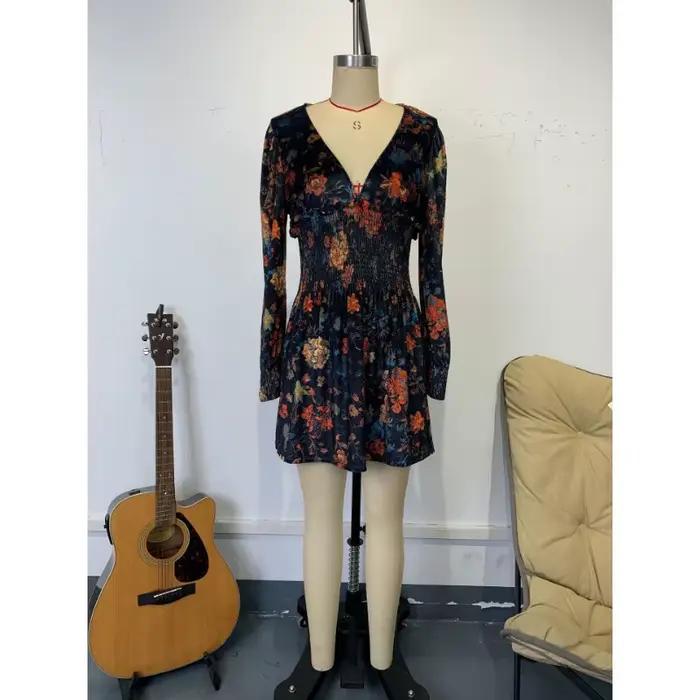 Robe Vintage élégante en velours imprimé Floral, col en v, taille Sexy, manches longues, ligne a, lanterne noire, robe de nuit Chic