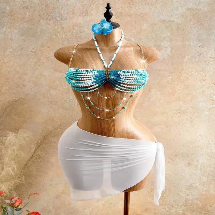 Chaîne de corps perlée multicolore bleu ciel et blanc pour femme, style soutien-gorge, pour plage, été, bikini, crop top, tenue de soirée sexy
