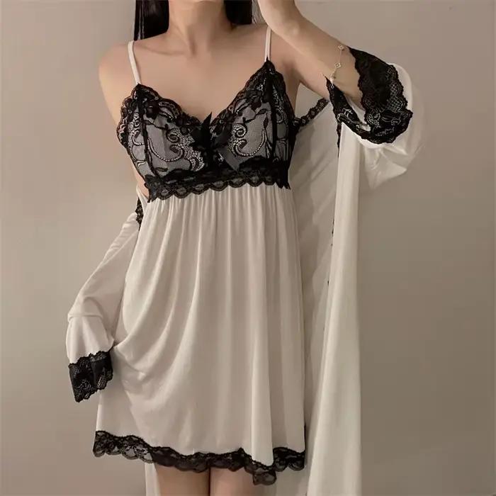 Modalová nočná košeľa pre ženy jeseň zima dvojdielny set s čipkou Sexy s dlhými rukávmi pohodlné domáce oblečenie pre dámy