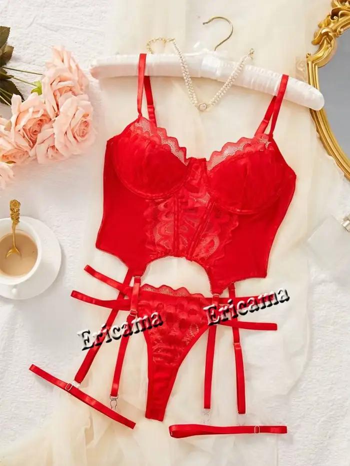 Ensemble de lingerie en dentelle 7.0 avec nœud décoratif, soutien-gorge évidé à bretelles, string, porte-jarretelles, sous-vêtements sexy pour femmes