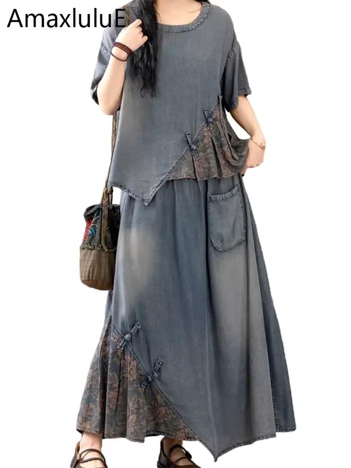 Letné dámske čínske 2-dielne súpravy ležérne potlačené Denim luxusné Vintage topy g