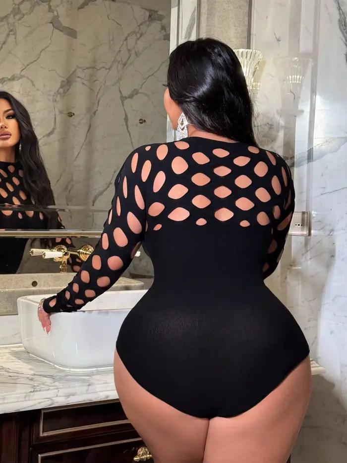 Combinaison sexy pour femme, grande taille, en résille, moulante, couleur unie, manches longues, tendance