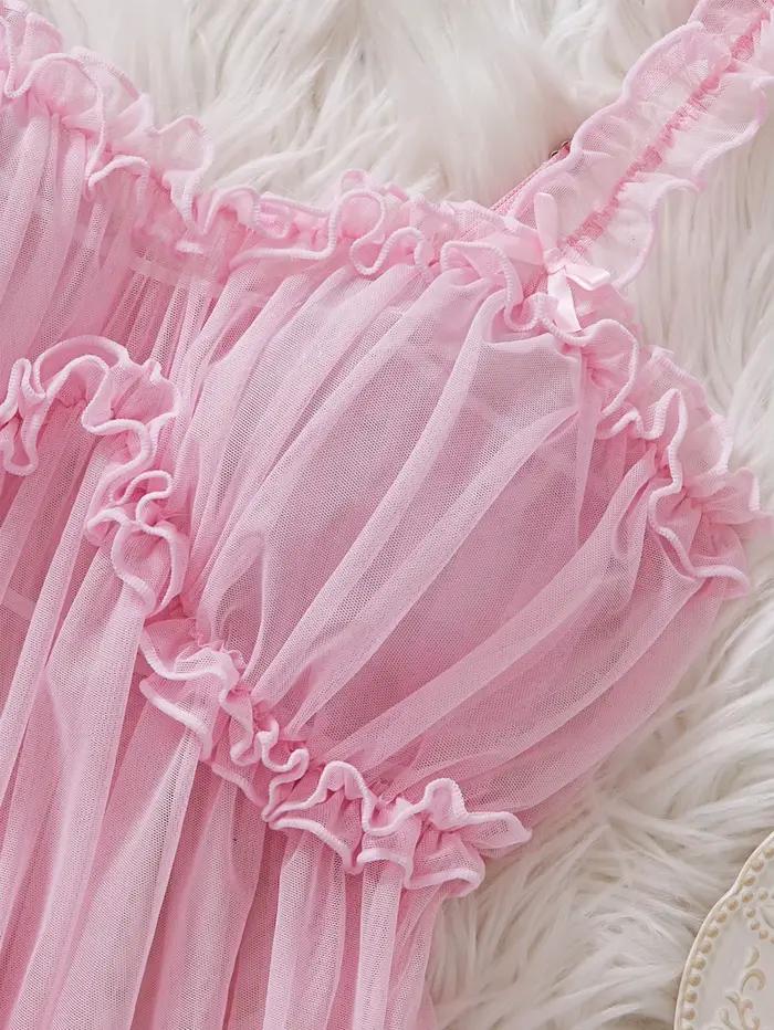 Chemise de nuit en dentelle rose pour femmes, robe de nuit douce de style féerique, vêtements de maison respirants, pyjama