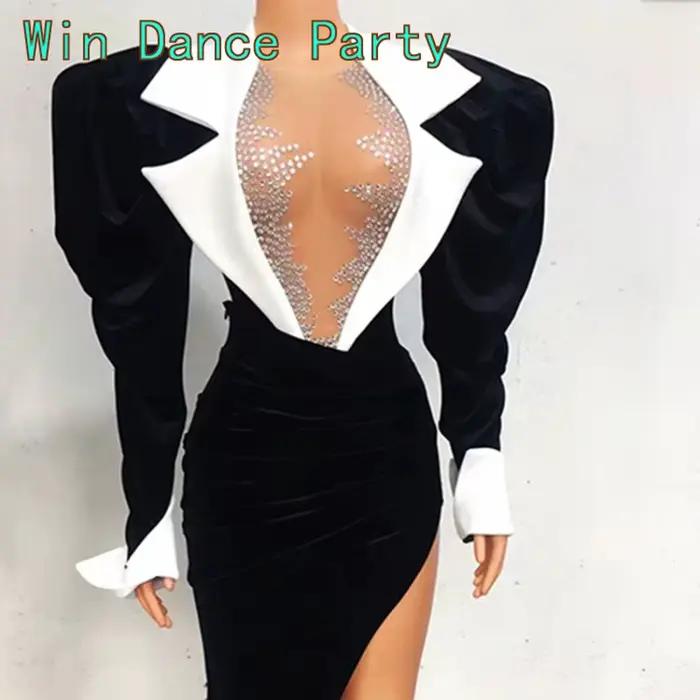 Body Sexy en velours noir à grandes manches, 2 pièces, jupe longue à queue, tenue de danse pour célébration d'anniversaire, Costume de soirée de chanteur pour femmes
