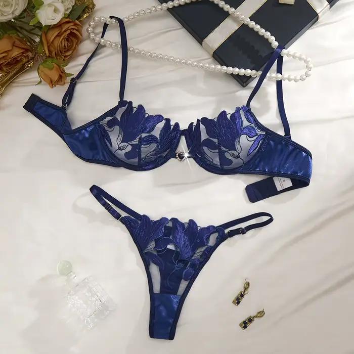 Ensemble de lingerie en dentelle brodée florale de style français bleu, soutien-gorge sexy et doux avec bonnets en acier, pour la Saint-Valentin ZA8240