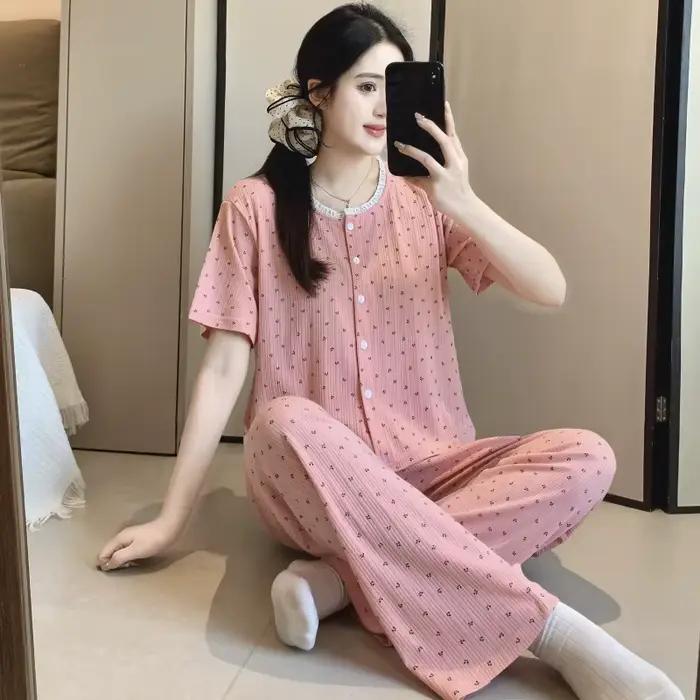 Pyjama rayé en coton rose pour femmes, ensemble deux pièces pour l'été, chemise à manches courtes et pantalon long, vêtements de nuit simples et doux