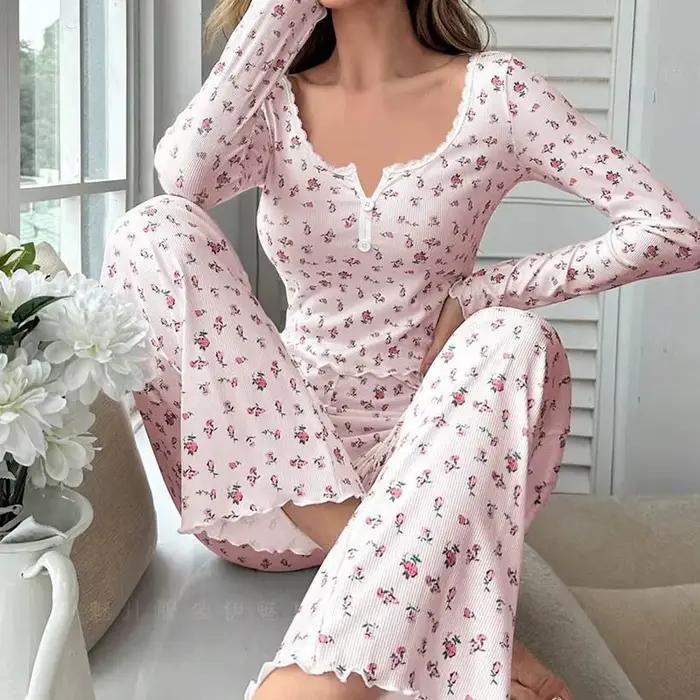 Ensemble pyjama pour femmes, doux et confortable, imprimé Floral, sexy, haut à manches longues et pantalon, vêtements de nuit, ensemble deux pièces, vêtements de maison