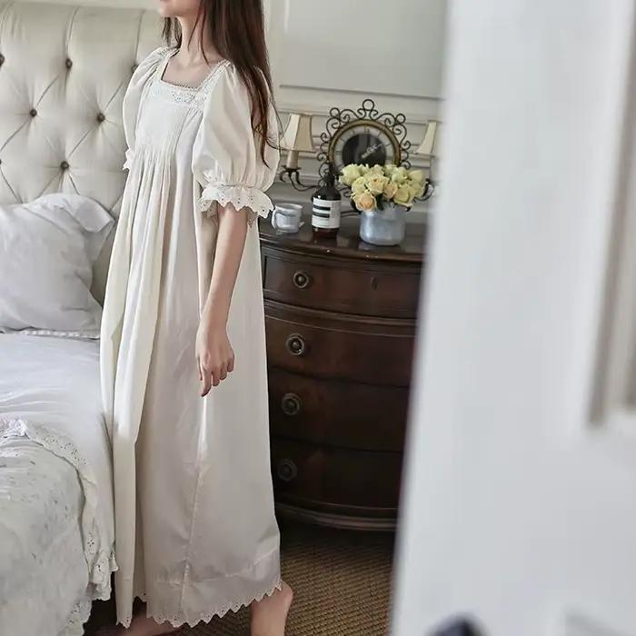 Chemise de nuit en coton pur avec dentelle élégante pour femmes, style vintage, sans manches, longueur cheville, pour les nuits paisibles et les occasions spéciales