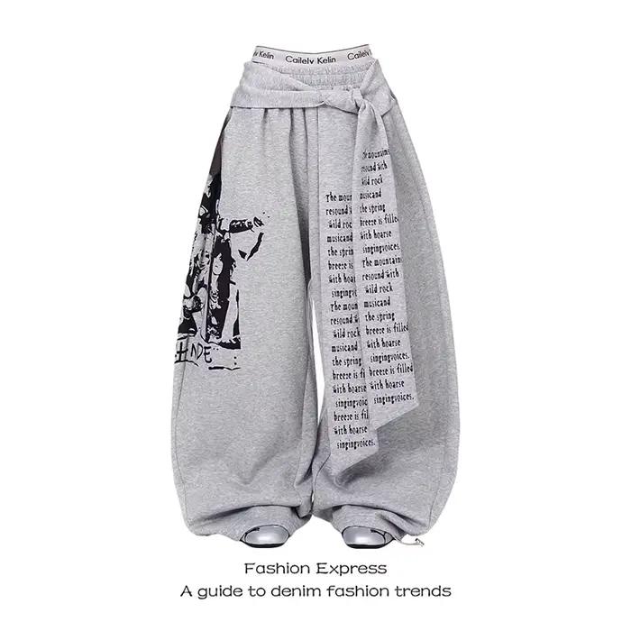 ZHIZOU dámske sivé gotické Baggy Y2k písmená potlač nohavice Harajuku 2000s Vintage oversized