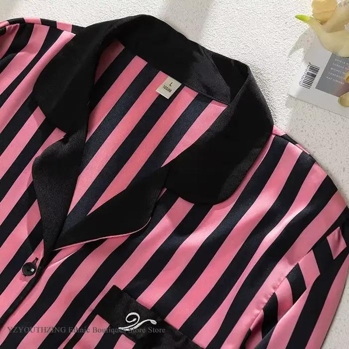 Pyjama long pour femme, ensemble 2 pièces, printemps été, nouveau vêtement de nuit, vêtements de détente, rayures tendance, pyjama pour femme, satin ample, vêtements de maison