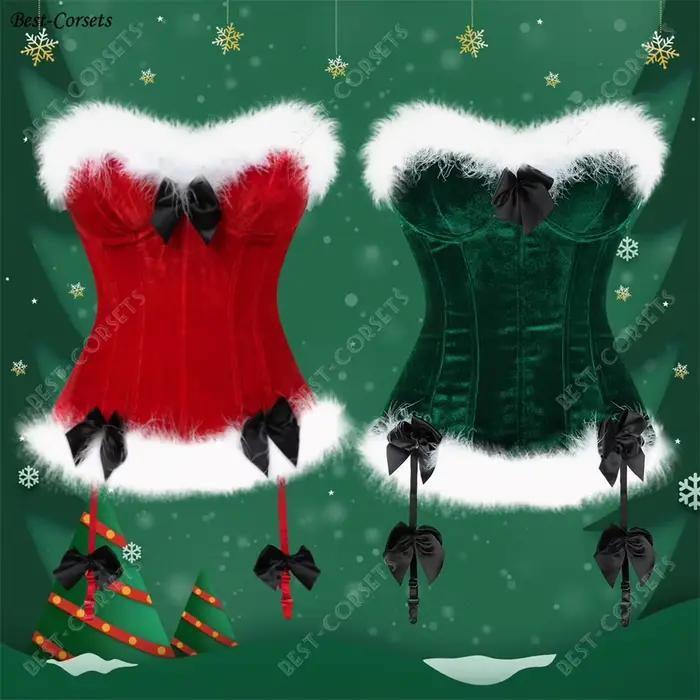 Hauts Corset rouge pour femmes, Corset de noël avec plumes, Costume de père noël, surbuste Sexy de carnaval avec bretelles