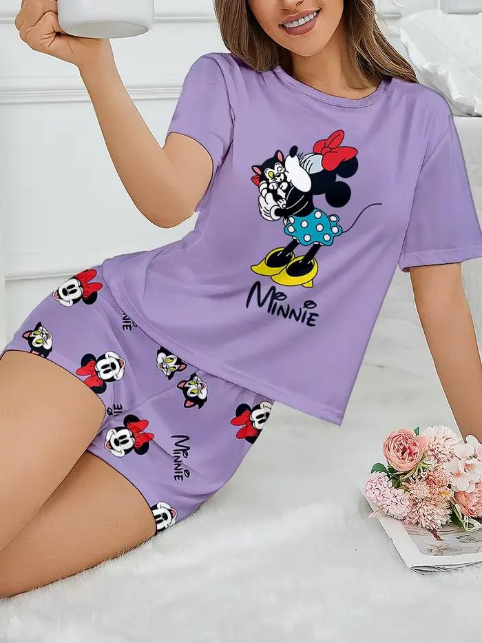 Pyjama 2 pièces pour femmes, haut à manches courtes et short à motif de dessin animé Disney Minnie, vêtements de maison