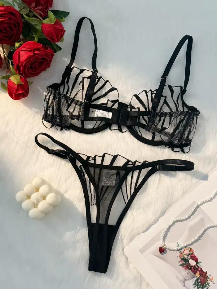 Ensemble de Lingerie brodée avec bonnet de poitrine festonné noir pour femmes, sous-vêtements Sexy pour femmes, adaptés à toutes les saisons, nouvelle collection
