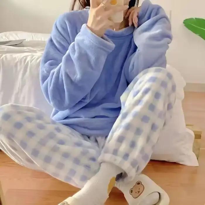 Ensemble de pyjama en polaire épais et chaud pour femme, tenue de nuit décontractée d'hiver, haut uni et pantalon à carreaux, ensemble de pyjamas doux pour femme, tenue d'intérieur