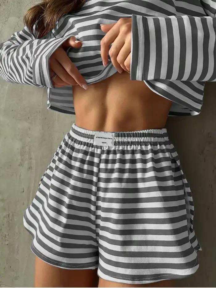 Ensemble de pyjamas légers pour femmes, style élégant, col rond, shorts courts, motifs rayés, pour le sommeil et la détente été