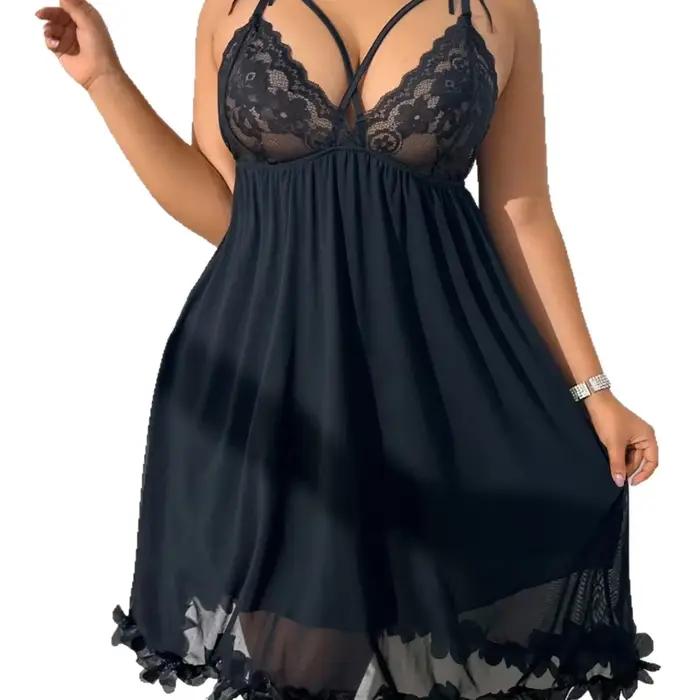 Sexi čipkovaná nočná košeľa veľkej veľkosti s výstrihom do V