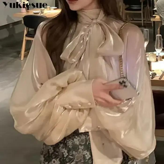 Jarné a jesenné dámske módne topy nové košele s lampiónovými rukávmi a stojačikom jednofarebné ležérne vintage elegantné