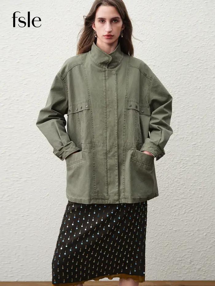 FSLE【Prémiová séria】Retro Cargo Krátka Bunda pre Ženy Jar 2026 Stojací Golier Mestský Oversize Štýl