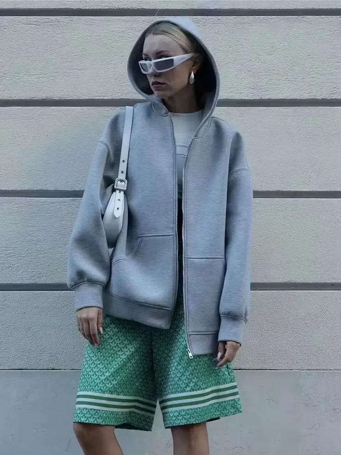 HH jesenná dámska voľná mikina s kapucňou oversized na zips pevný kabát do kancelárie
