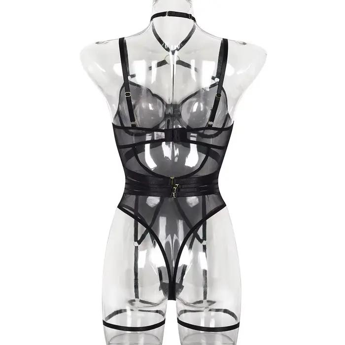 Nouvelle Lingerie Sexy pour Femme, Body Sculptant en Maille Transparente à Bretelles, avec Armatures, Jarretelles Sexy et Haut Ajouré à Jambes