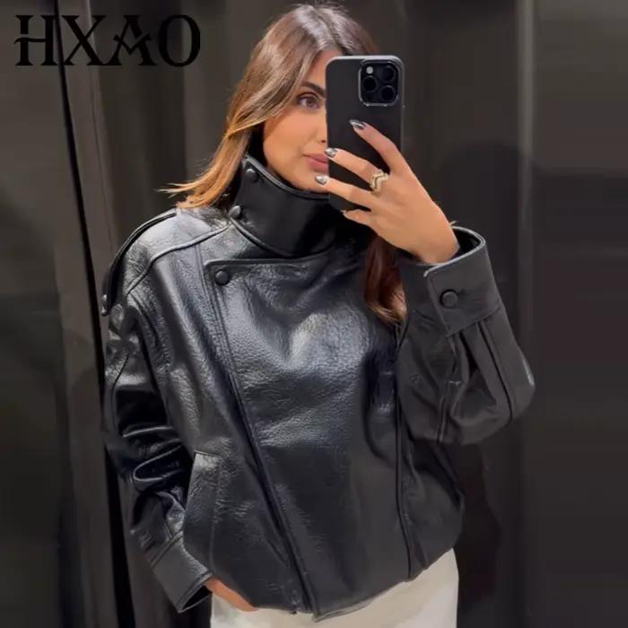 HXAO Čierna bunda z umelej kože pre ženy nový strih oversized bomber