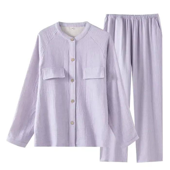 2025 coton et lin pyjamas pour femmes automne à manches longues pantalon ensemble de vêtements de détente col montant couleur unie Pijama 2 pièces