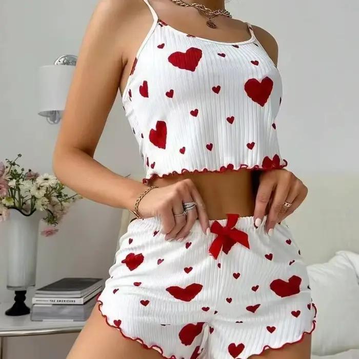 Pyjama féminin en coton avec motif cœur pour femmes, confortable et élégant, idéal pour les nuits de printemps et les occasions spéciales