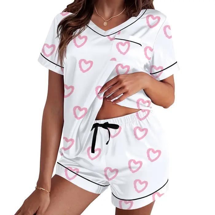 Léon's Day-Pyjama en satin imprimé cœur pour femme, ensemble de vêtements de détente, manches courtes, short en Y, vêtements de détente 2 pièces