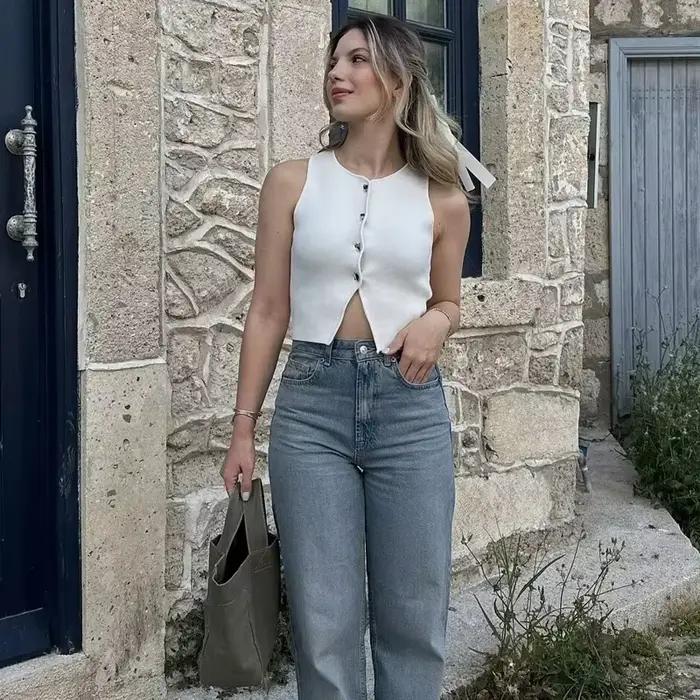 MUJER ružový bez rukávov vesta ženy strihaný sveter