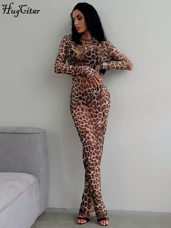 Hugcitar leopardová potlač sieťovaná s dlhými rukávmi Sexy tenká priesvitná Maxi šaty jeseň ženy móda oblečenie pláž dovolenka Club