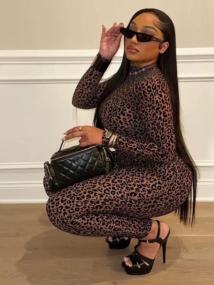 Nibber Priesvitná Sexy Leopard Sieťovina Kombinéza Pre Ženy