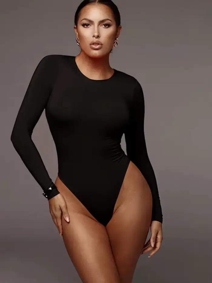 O cou à manches longues solide blanc Sexy Body femmes noir automne hiver corps haut gris décontracté dame Streetwear Body