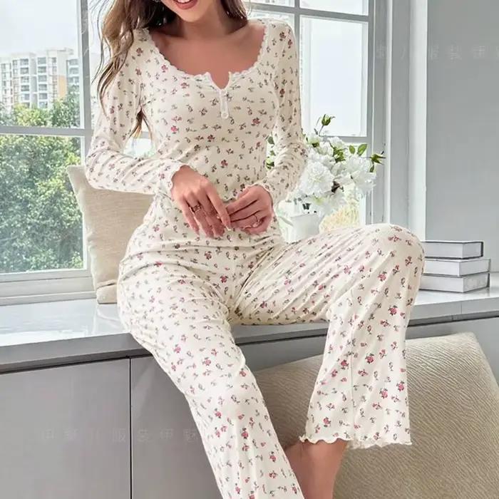 Ensemble pyjama pour femmes, doux et confortable, imprimé Floral, sexy, haut à manches longues et pantalon, vêtements de nuit, ensemble deux pièces, vêtements de maison