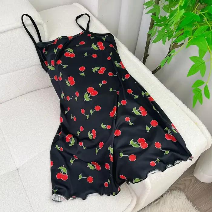 FINETOO Pyjama d'été pour femme, motif ours en peluche, sans couture, imprimé cœurs, papillons et fleurs, sans manches, à volants, tenue d'intérieur, robe de nuit mignonne