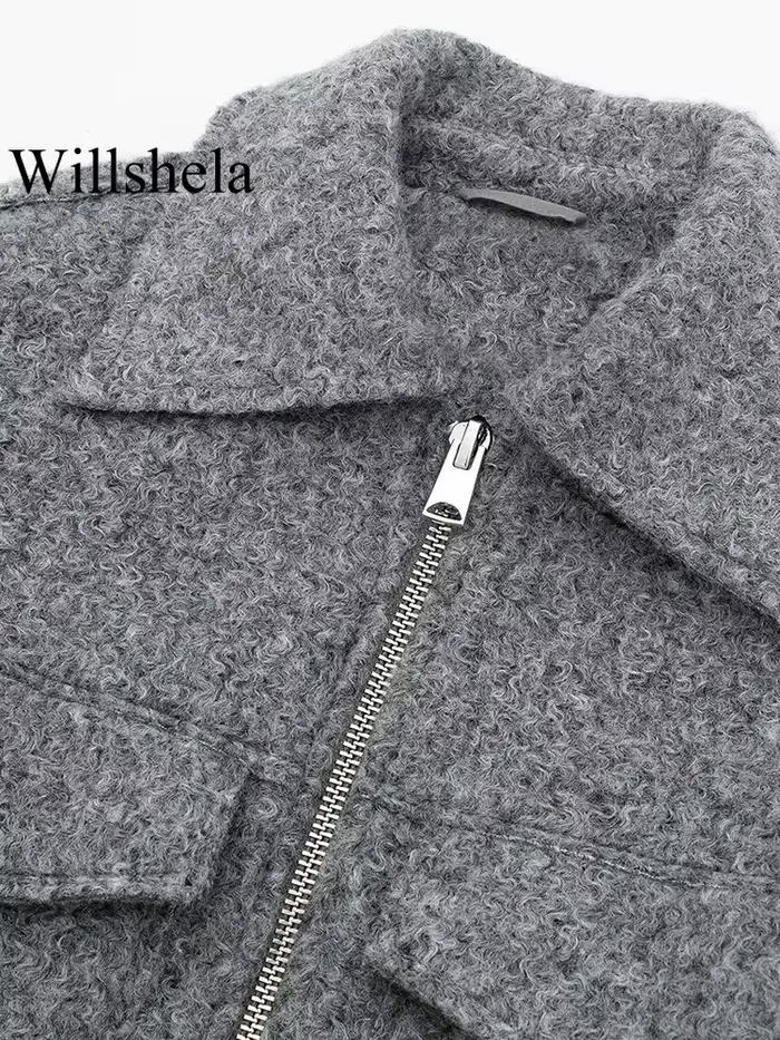 Willshela dámska módna bunda so sivými prednými vreckami na zips Vintage golier dlhé rukávy žena Štýlové oblečenie