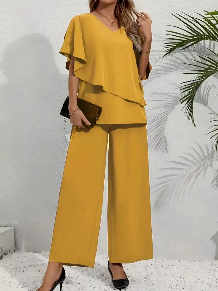 Ensemble décontracté pour femme en polyester et élasthanne avec blouse multicolore brodée et pantalon ample pour printemps et été occasions spéciales