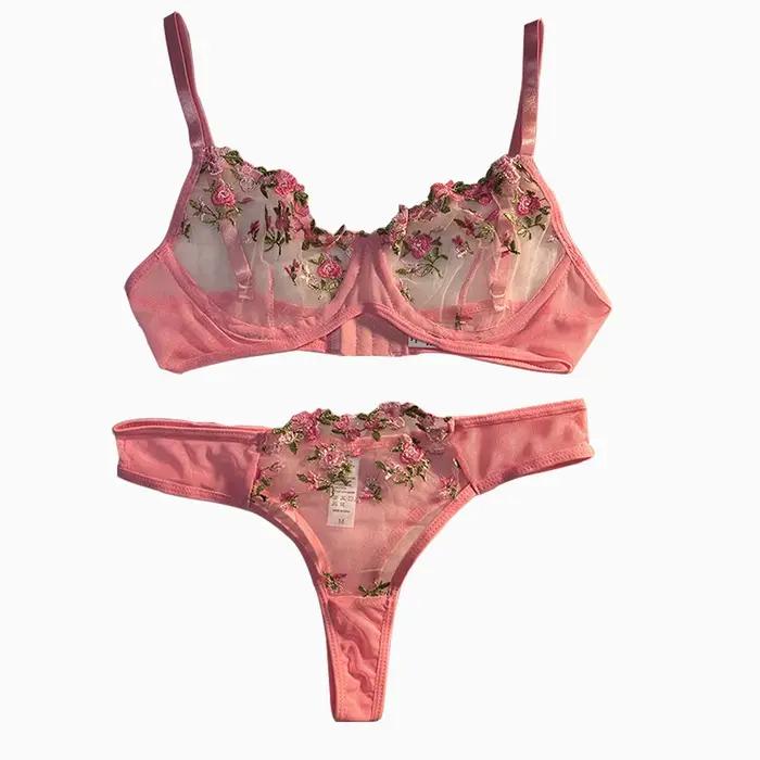 Ensemble de lingerie rose pour femme, sous-vêtements en dentelle, broderie féerique, ensembles de soutien-gorge et culottes, kits de lingerie