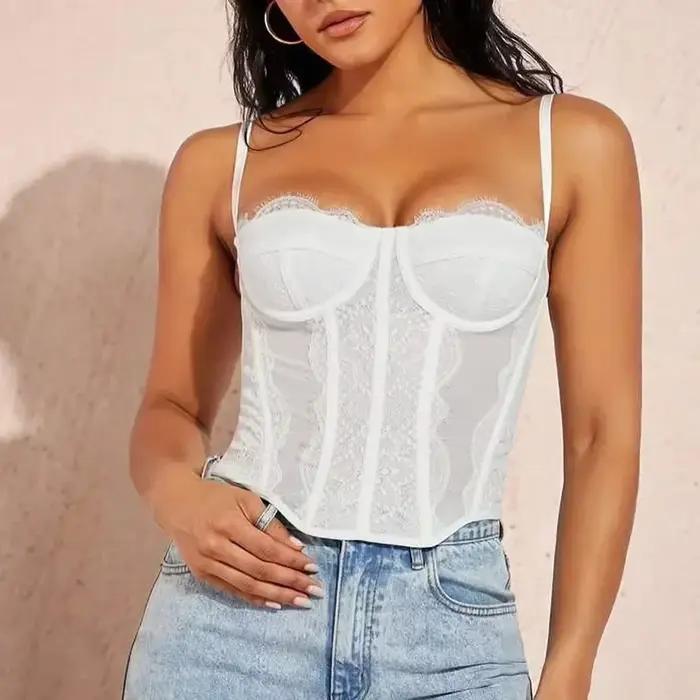 Corset Sexy en dentelle et maille pour femmes, bretelles Spaghetti, dos ouvert, désossé, Lingerie Slim, Bustier, Camisole, col licou, été
