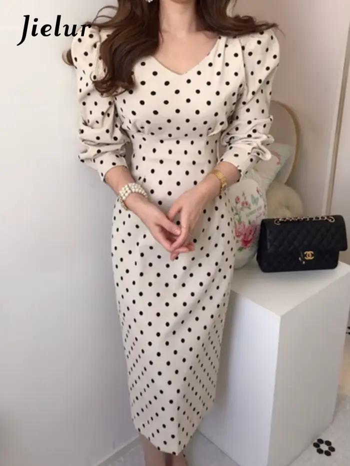 Jielur - Elegantné vintage rebrované zamatové šaty s bodkami pre ženy