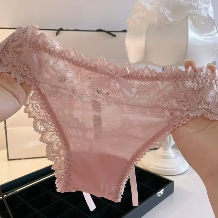 Culottes en dentelle transparente style français avec nœud et fleurs, sans couture, taille basse, pour femme et jeune fille